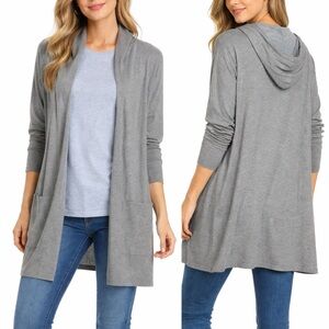J. Jill Pure Jill Open Front Cotton Wool Gray Long Hooded Cardigan Pockets 1X